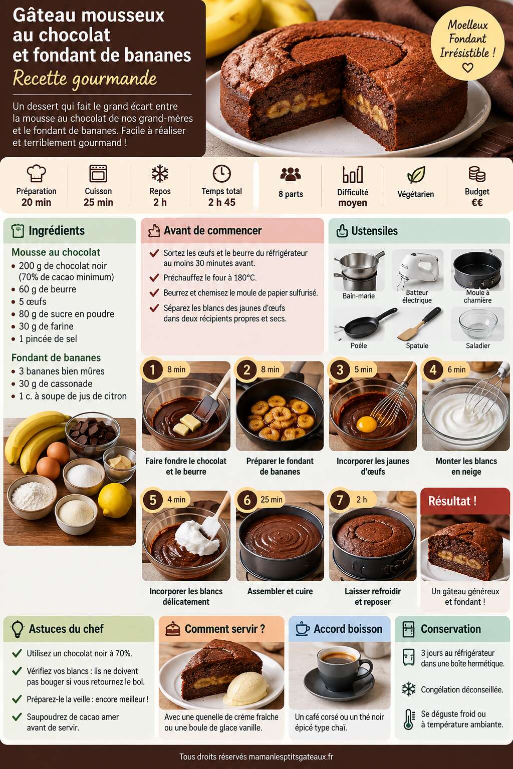 Fiche recette Gâteau mousseux au chocolat et fondant de bananes : recette gourmande Fiche recette Gâteau mousseux au chocolat et fondant de bananes : recette gourmande