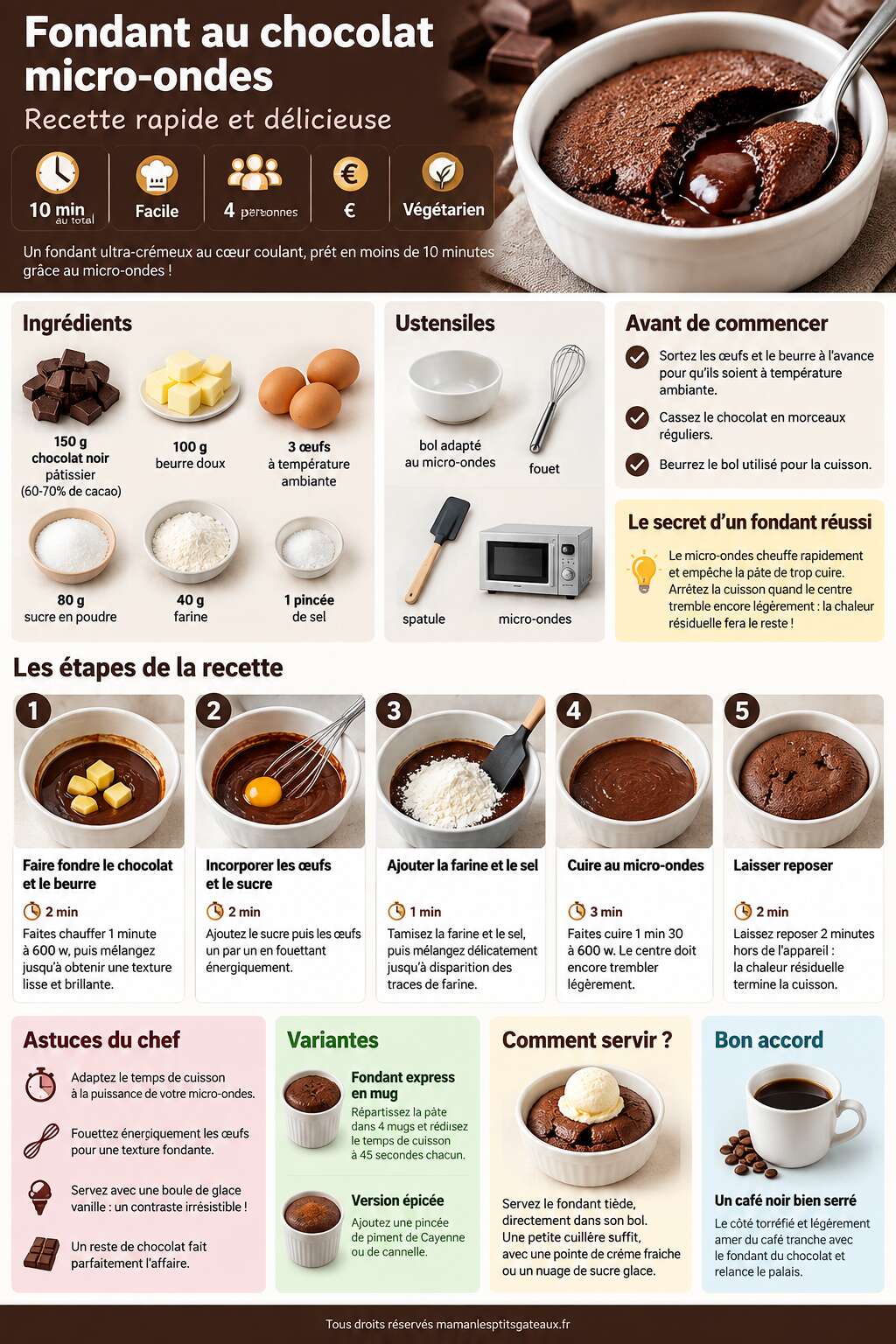 Fiche recette Fondant au chocolat micro-ondes : recette rapide et délicieuse Fiche recette Fondant au chocolat micro-ondes : recette rapide et délicieuse