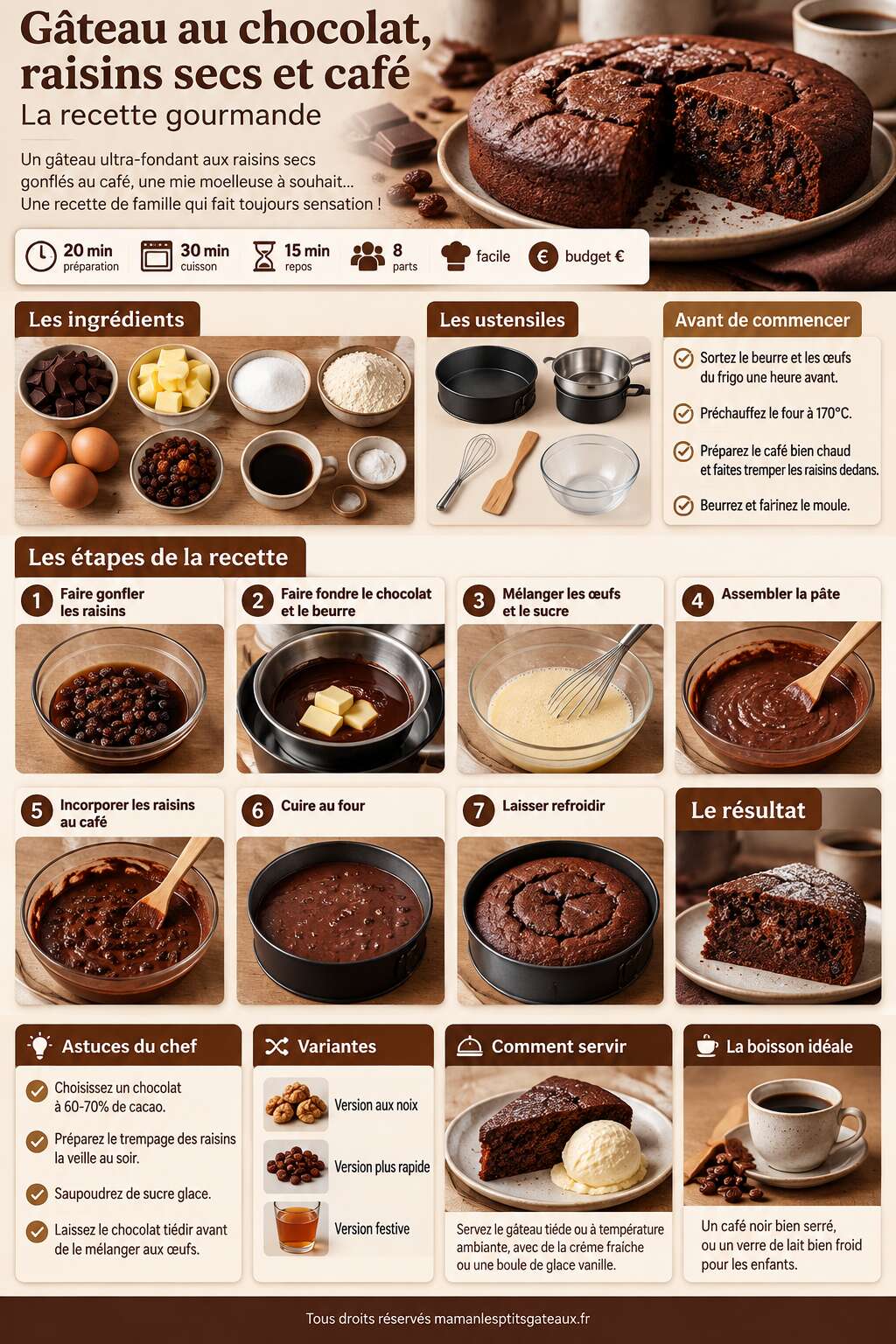 Fiche recette Gâteau au chocolat, raisins secs et café : la recette gourmande Fiche recette Gâteau au chocolat, raisins secs et café : la recette gourmande