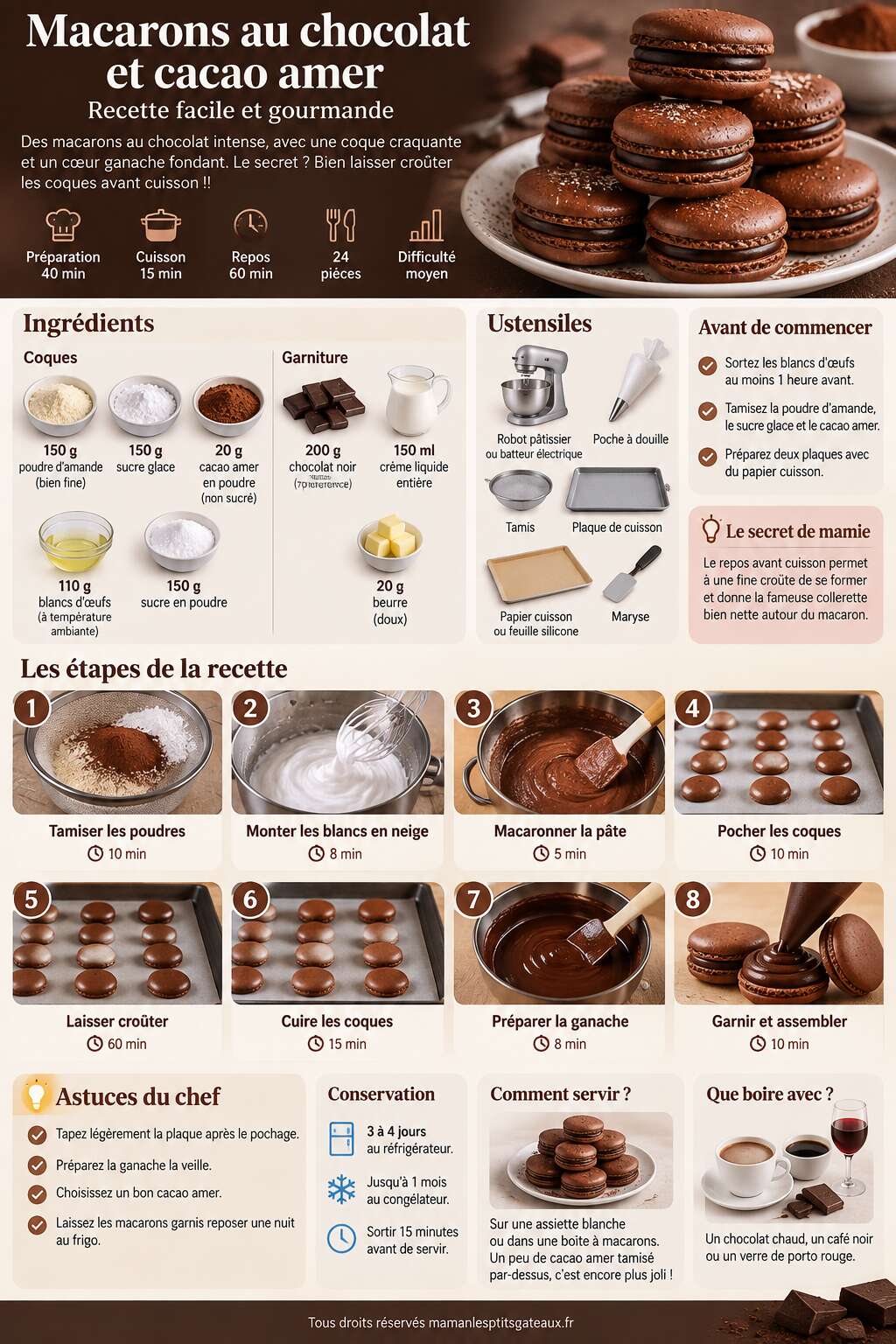 Fiche recette Macarons au chocolat et cacao amer : recette facile et gourmande