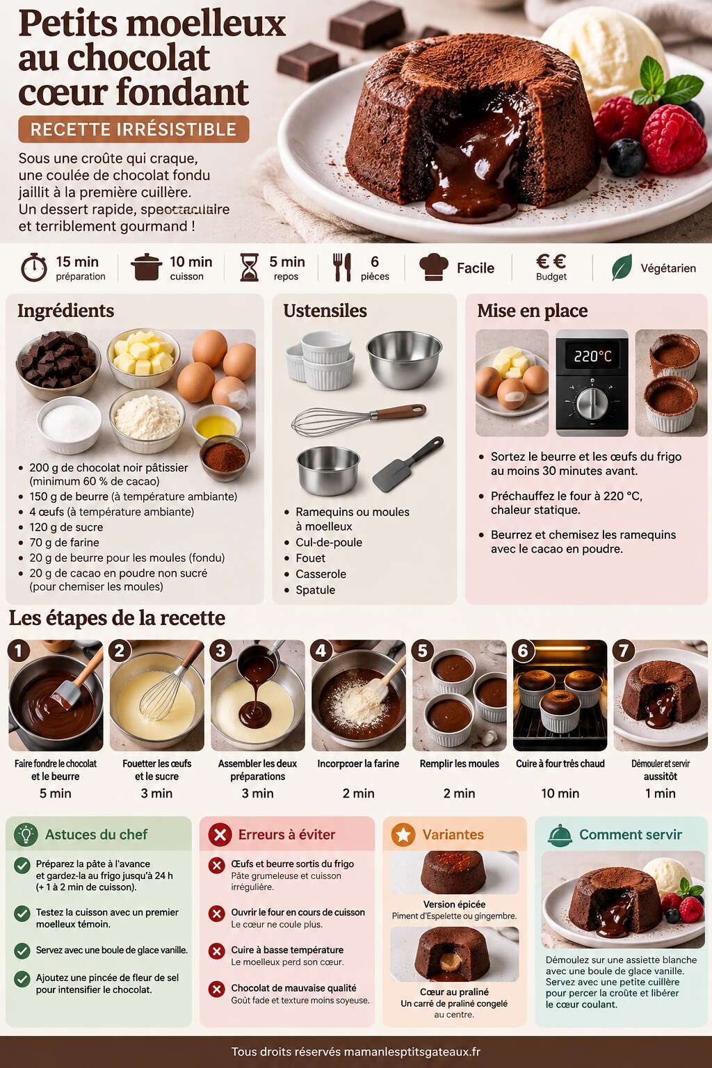 Fiche recette Petits moelleux au chocolat cœur fondant : recette irrésistible Fiche recette Petits moelleux au chocolat cœur fondant : recette irrésistible