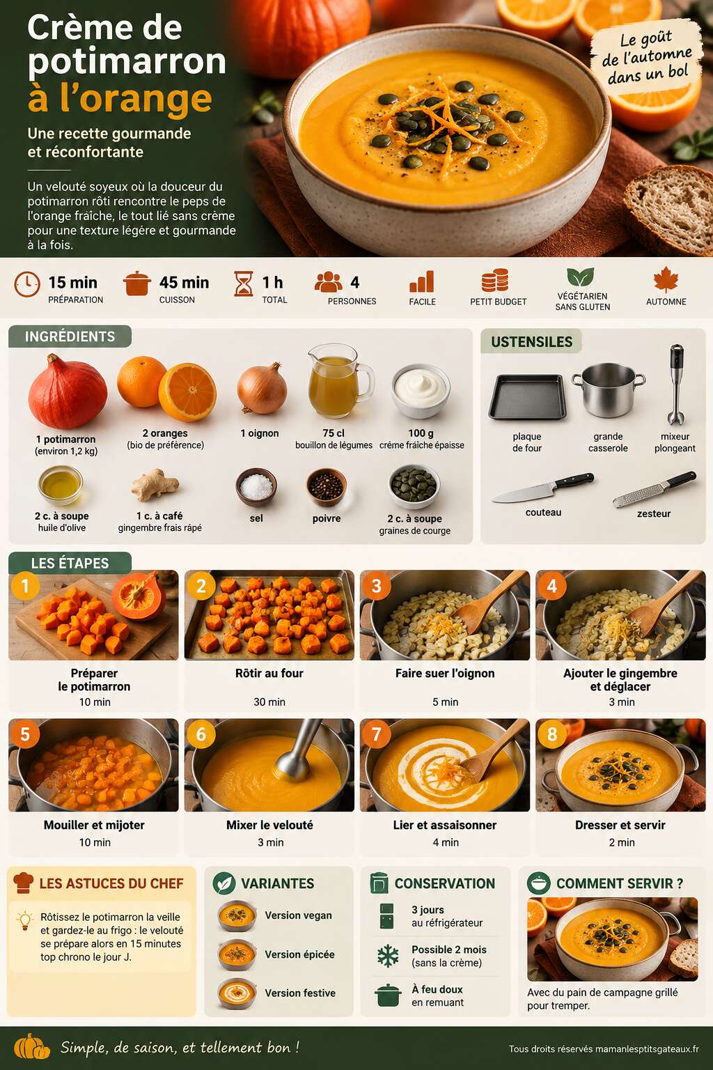 Fiche recette Crème de potimarron à l'orange : recette gourmande Fiche recette Crème de potimarron à l'orange : recette gourmande
