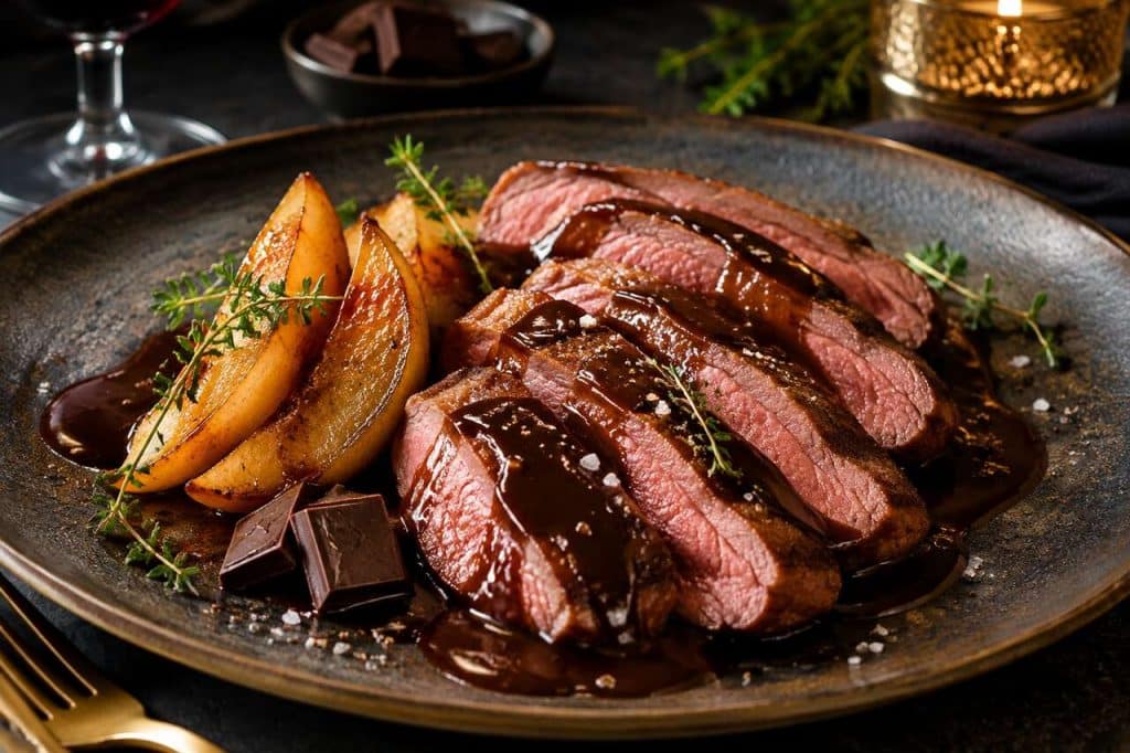 Délice de magret chocolaté aux poires caramélisées : recette gourmande