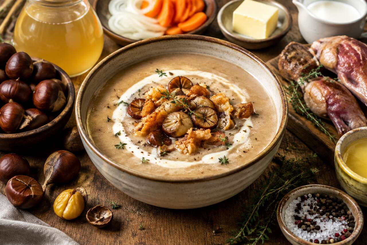 Crème de châtaignes aux grattons de faisan : recette gourmande