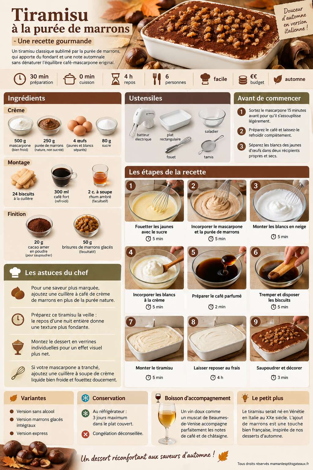 Fiche recette Tiramisu à la purée de marrons : recette gourmande Fiche recette Tiramisu à la purée de marrons : recette gourmande