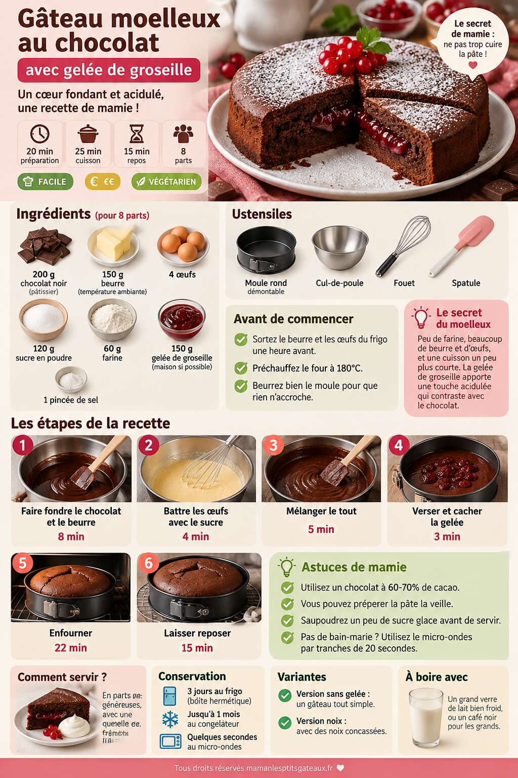 Fiche recette G&acirc;teau moelleux au chocolat : la recette gourmande avec gel&eacute;e de groseille