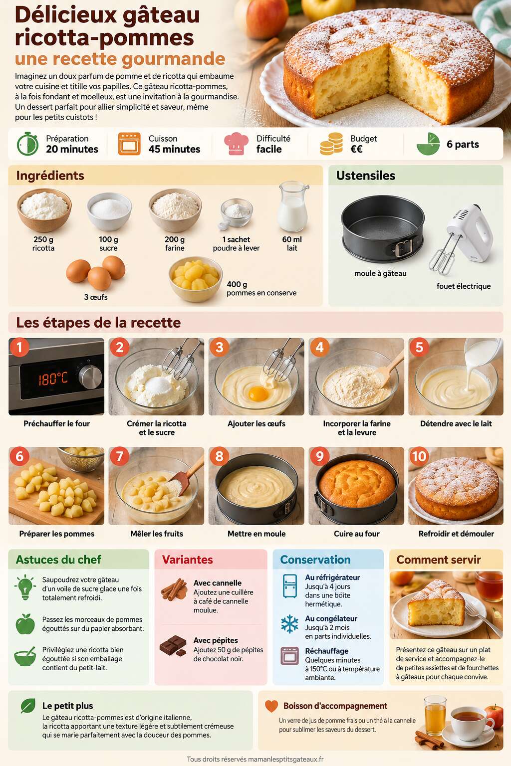 Fiche recette D&eacute;licieux g&acirc;teau ricotta-pommes : une recette gourmande
