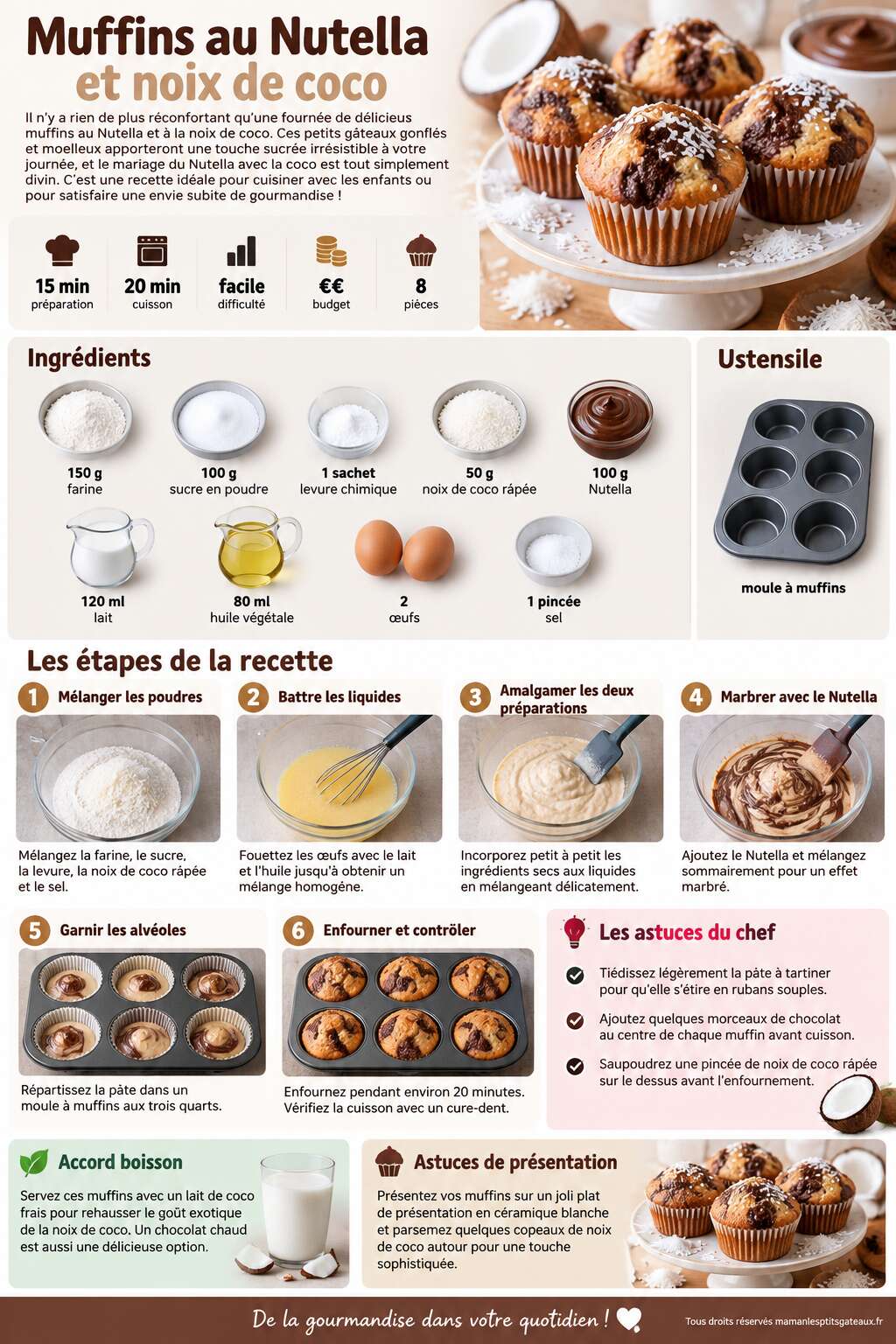 Fiche recette Recette de muffins au Nutella et noix de coco
