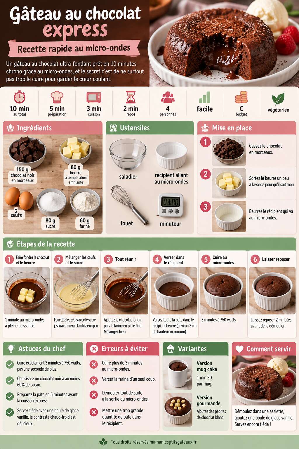 Fiche recette Gâteau au chocolat express : recette rapide au micro-ondes Fiche recette Gâteau au chocolat express : recette rapide au micro-ondes