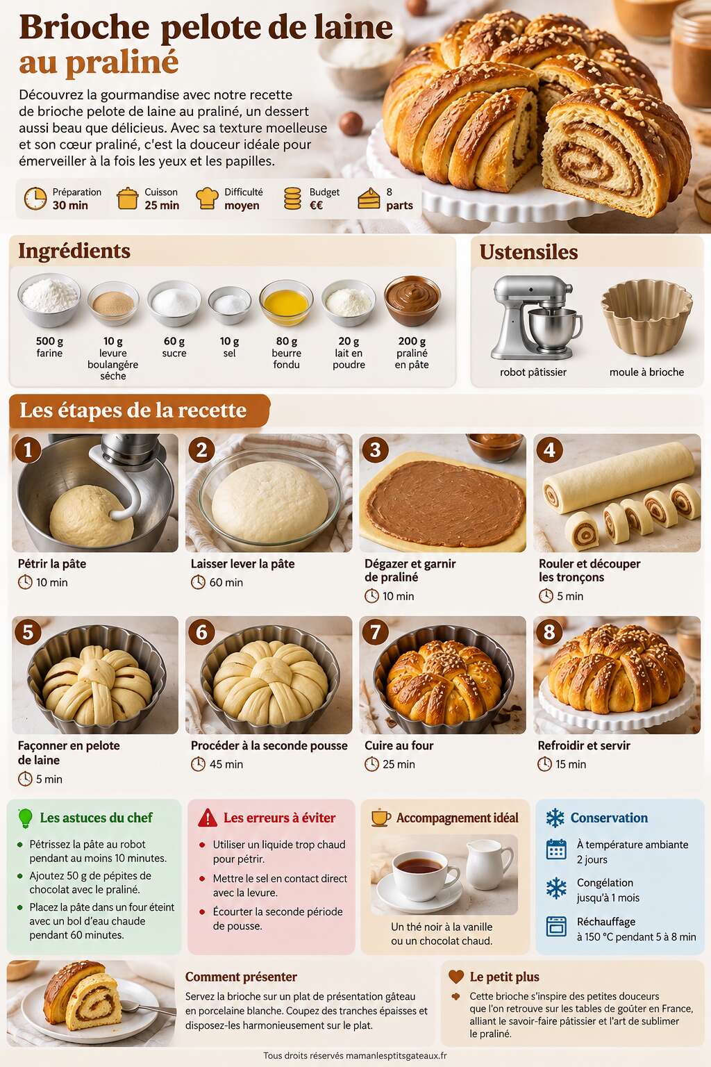 Fiche recette Recette de brioche pelote de laine au pralin&eacute;