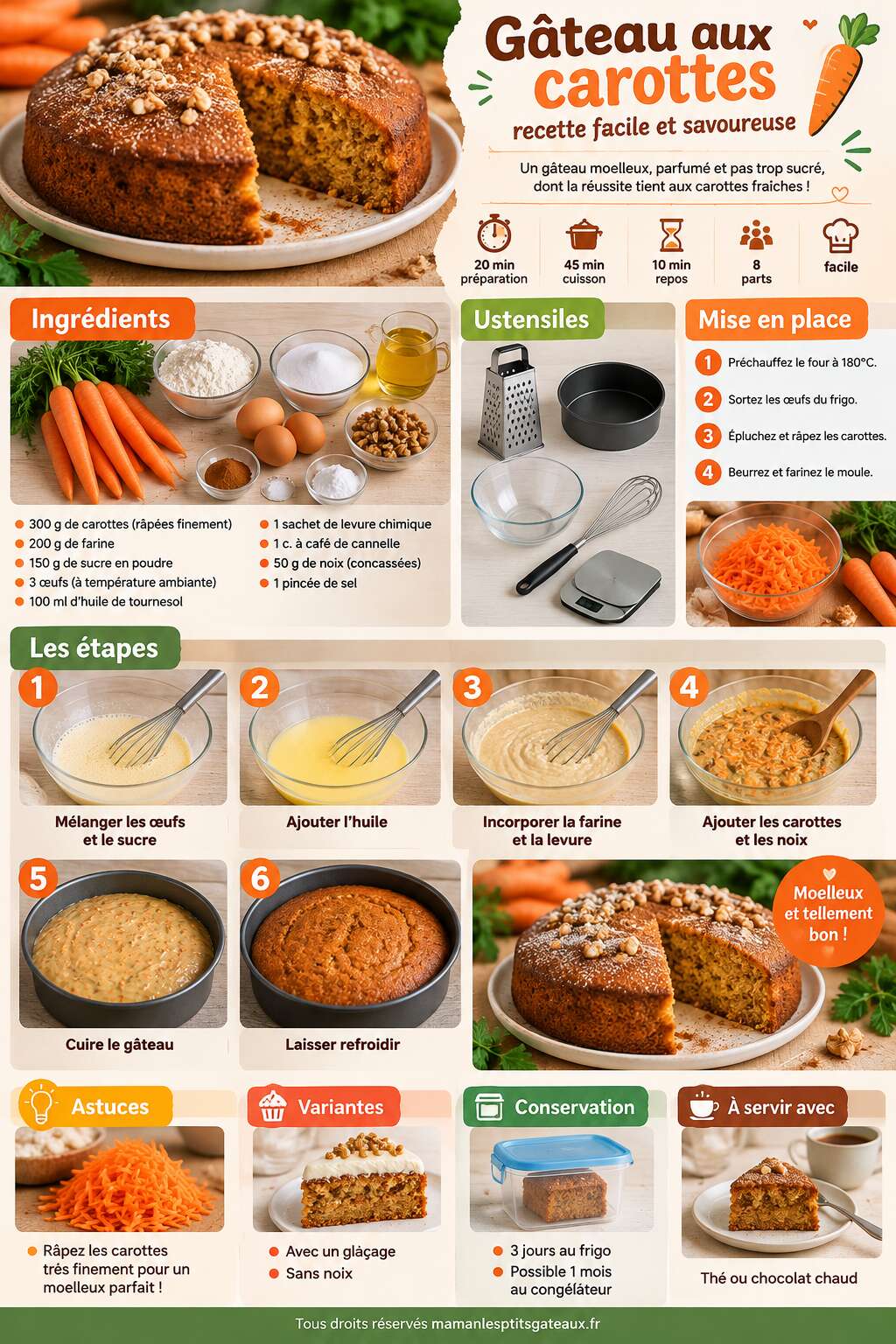Fiche recette Gâteau aux carottes : recette facile et savoureuse Fiche recette Gâteau aux carottes : recette facile et savoureuse