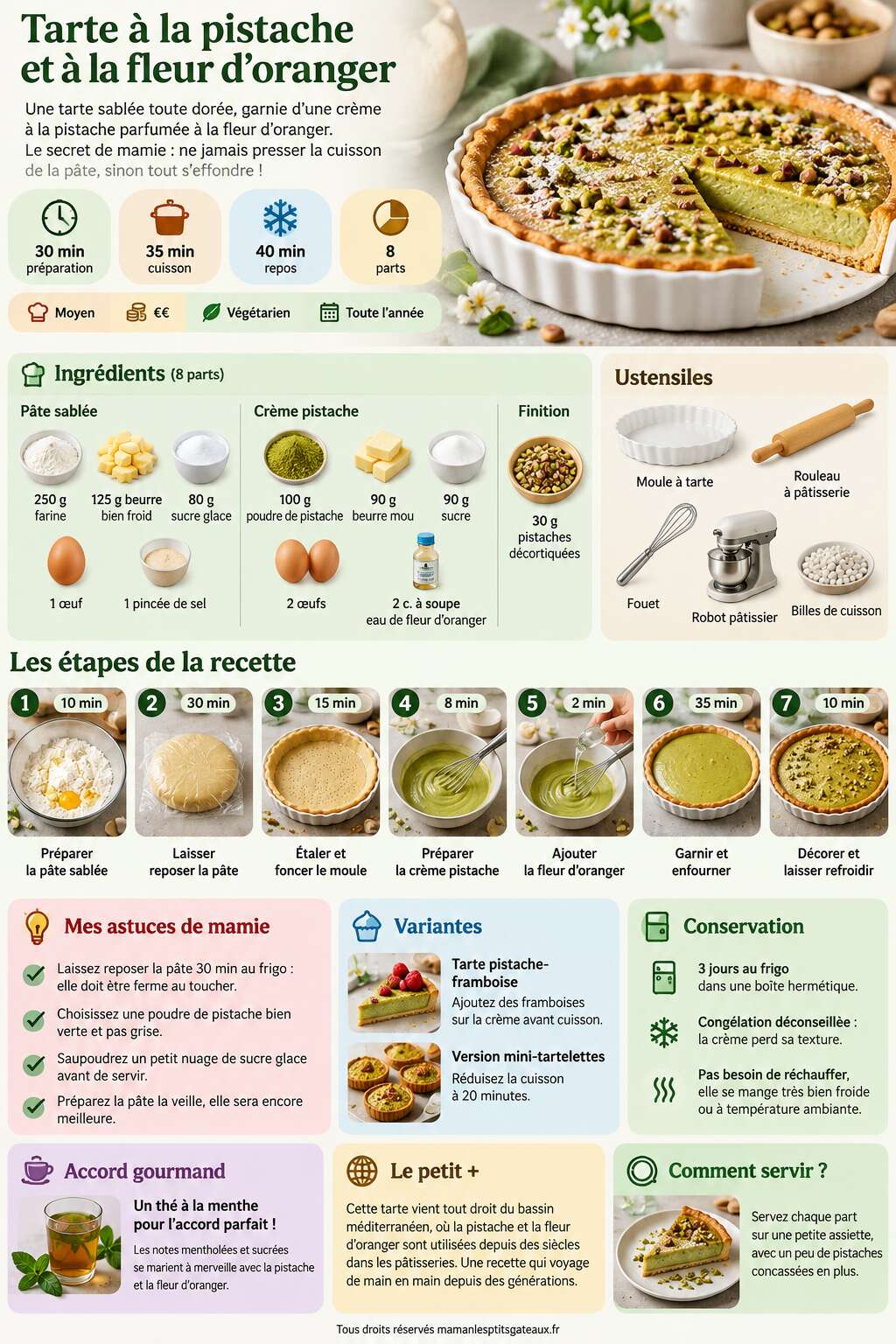 Fiche recette Recette de tarte &agrave; la pistache et &agrave; la fleur d'oranger