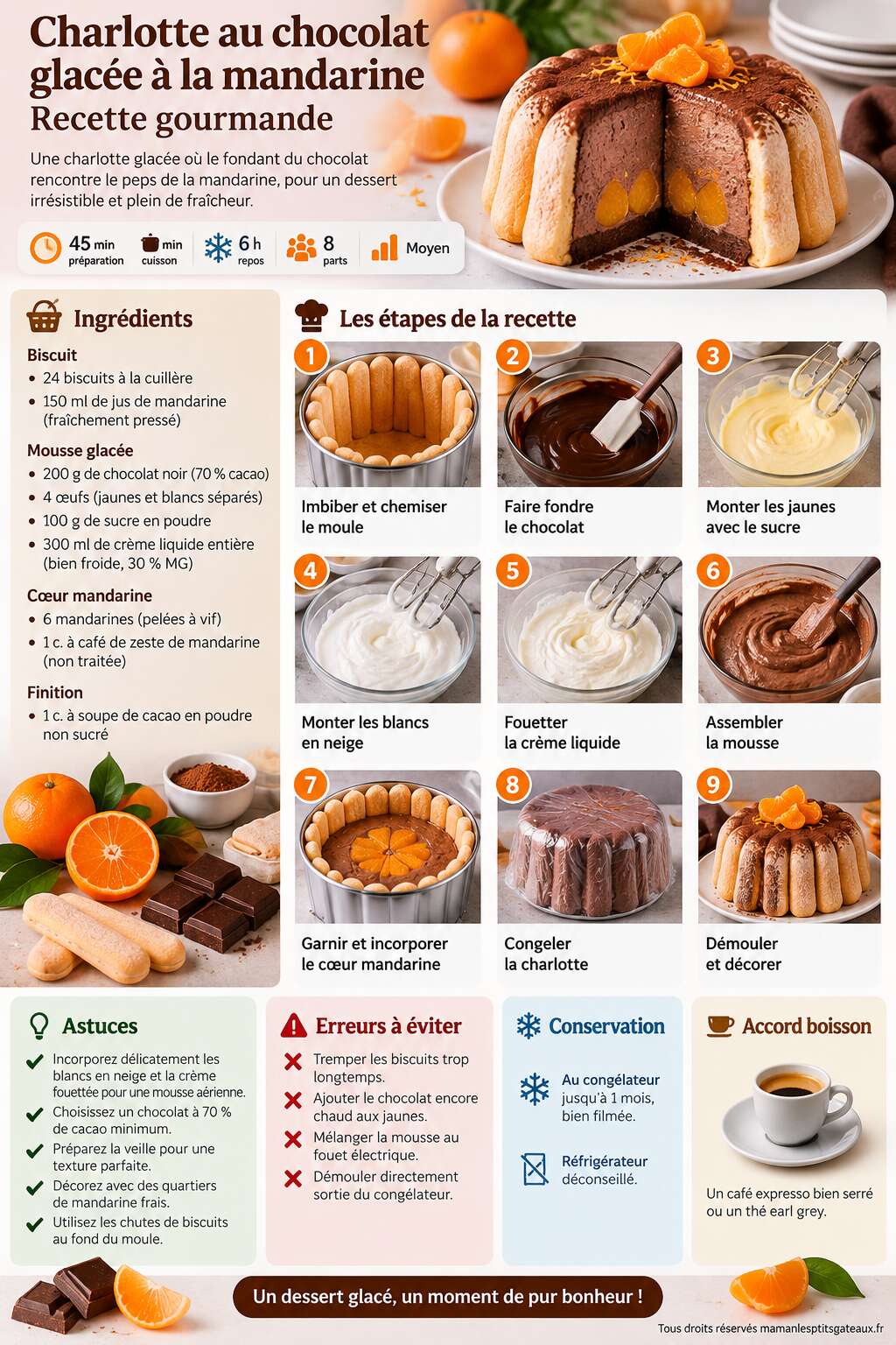 Fiche recette Charlotte au chocolat glacée à la mandarine : recette gourmande Fiche recette Charlotte au chocolat glacée à la mandarine : recette gourmande