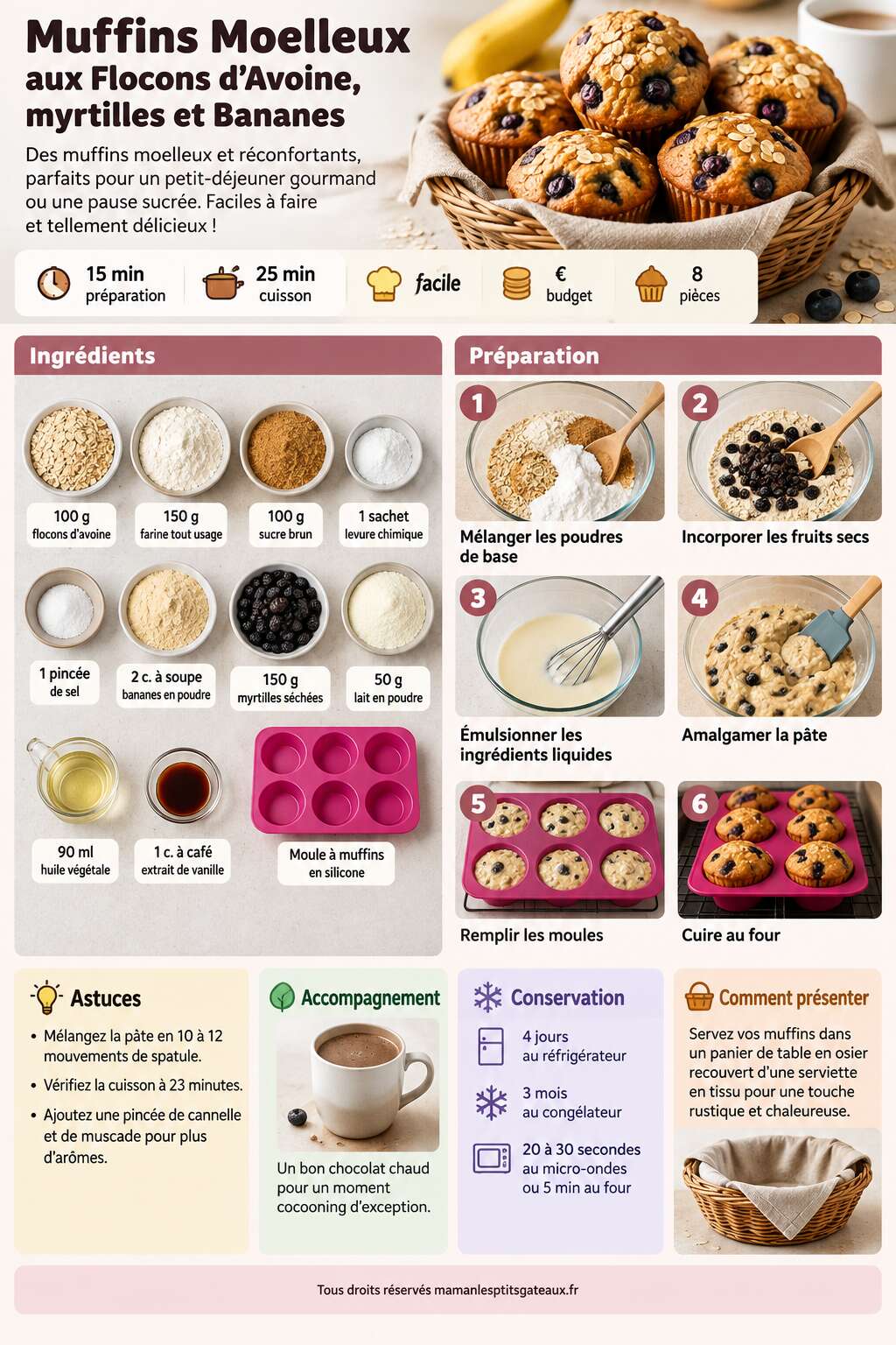 Fiche recette Recette : muffins Moelleux aux Flocons d'Avoine, myrtilles et Bananes Fiche recette Recette : muffins Moelleux aux Flocons d'Avoine, myrtilles et Bananes