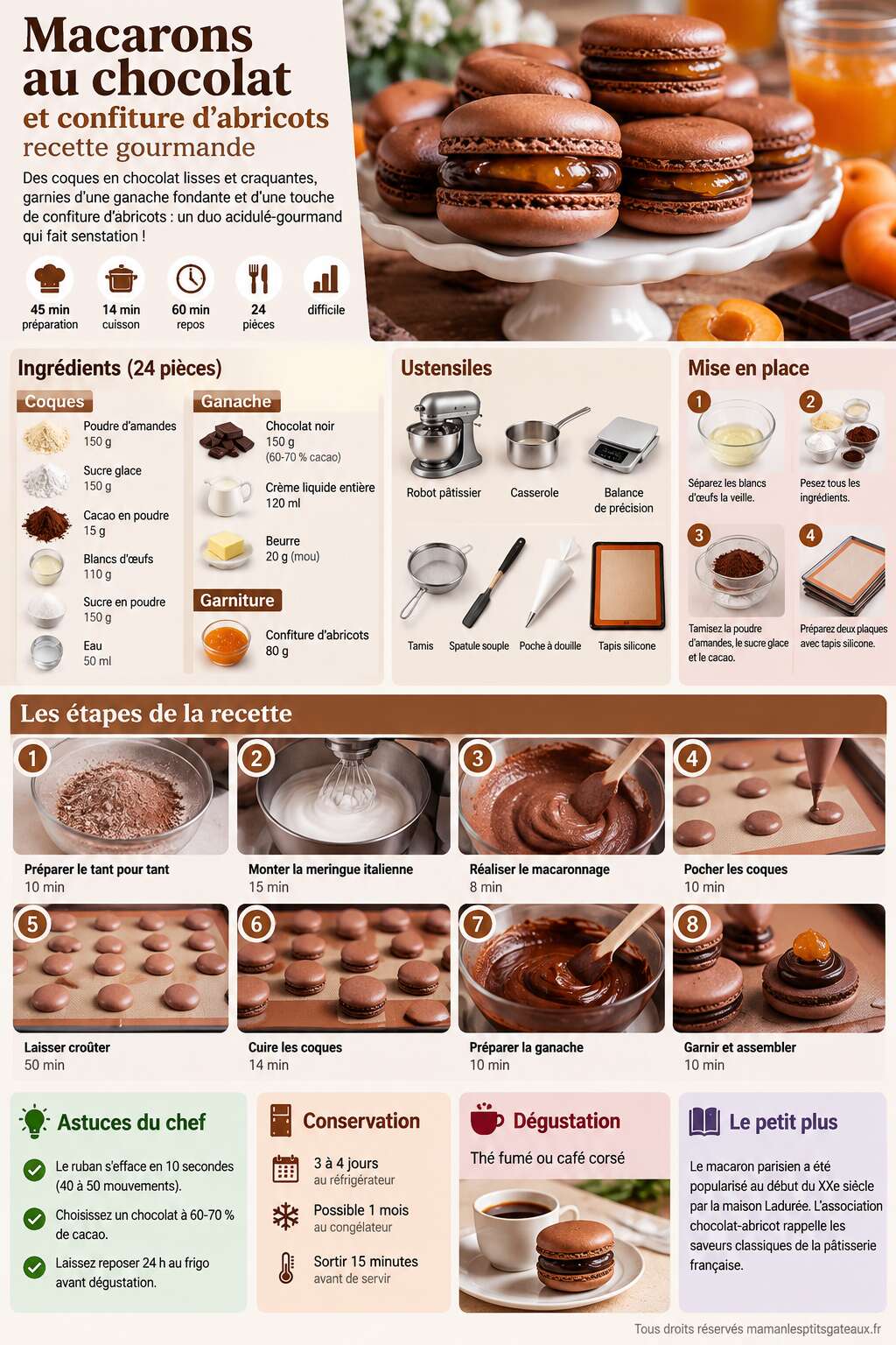 Fiche recette Macarons au chocolat et confiture d'abricots : recette gourmande