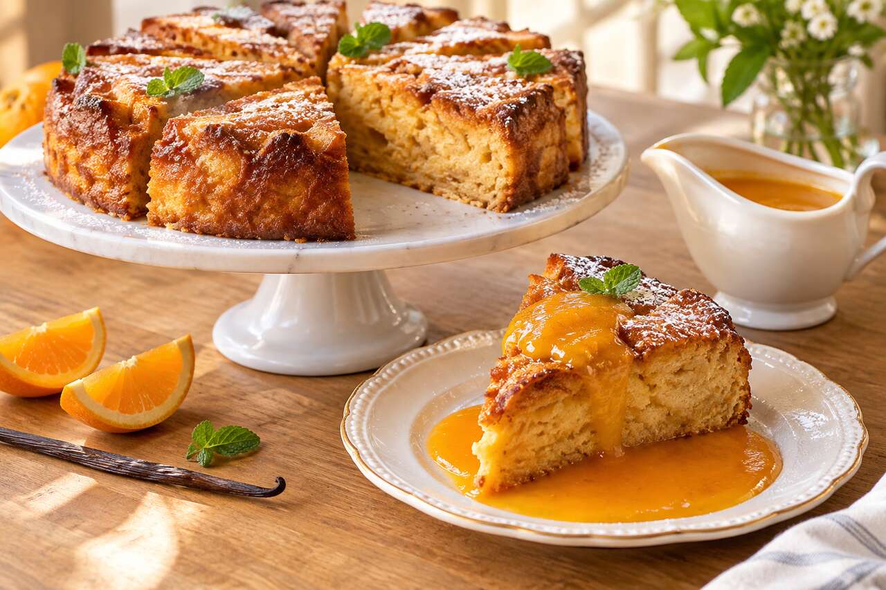 Gâteau de pain perdu au coulis d'orange : recette gourmande