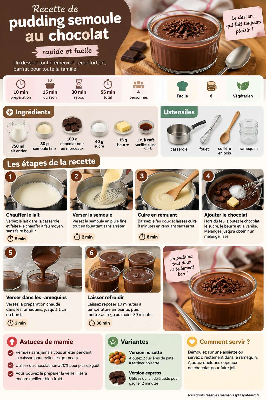 Fiche recette Recette de pudding semoule au chocolat rapide