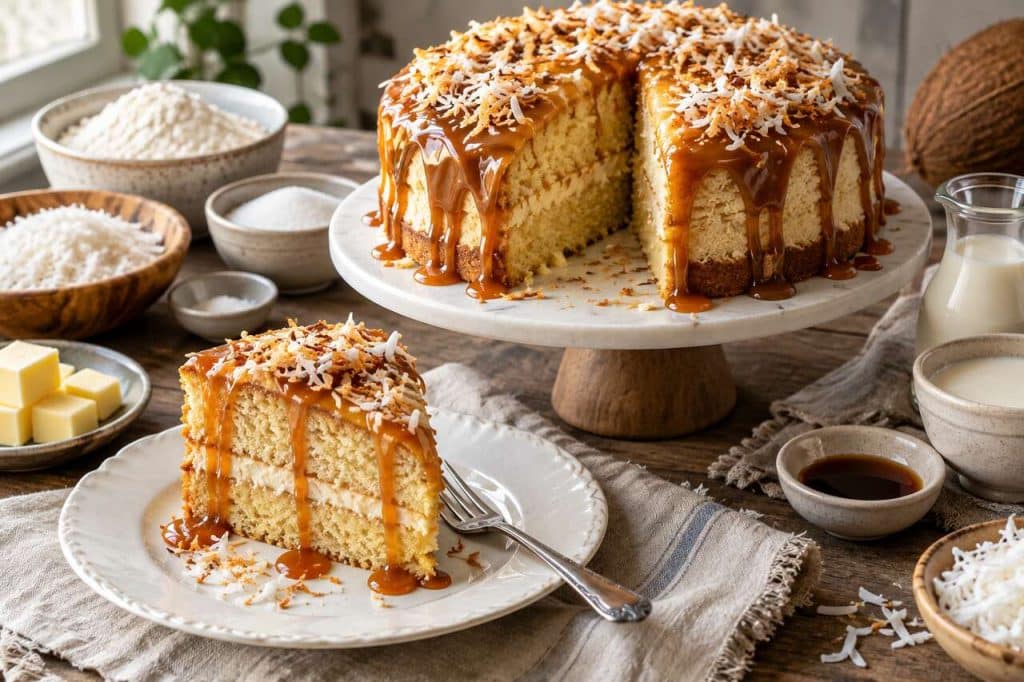 Gâteau noix de coco, vanille et caramel : recette gourmande