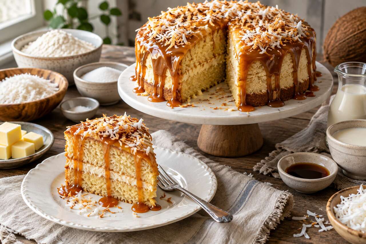 Gâteau noix de coco, vanille et caramel : recette gourmande