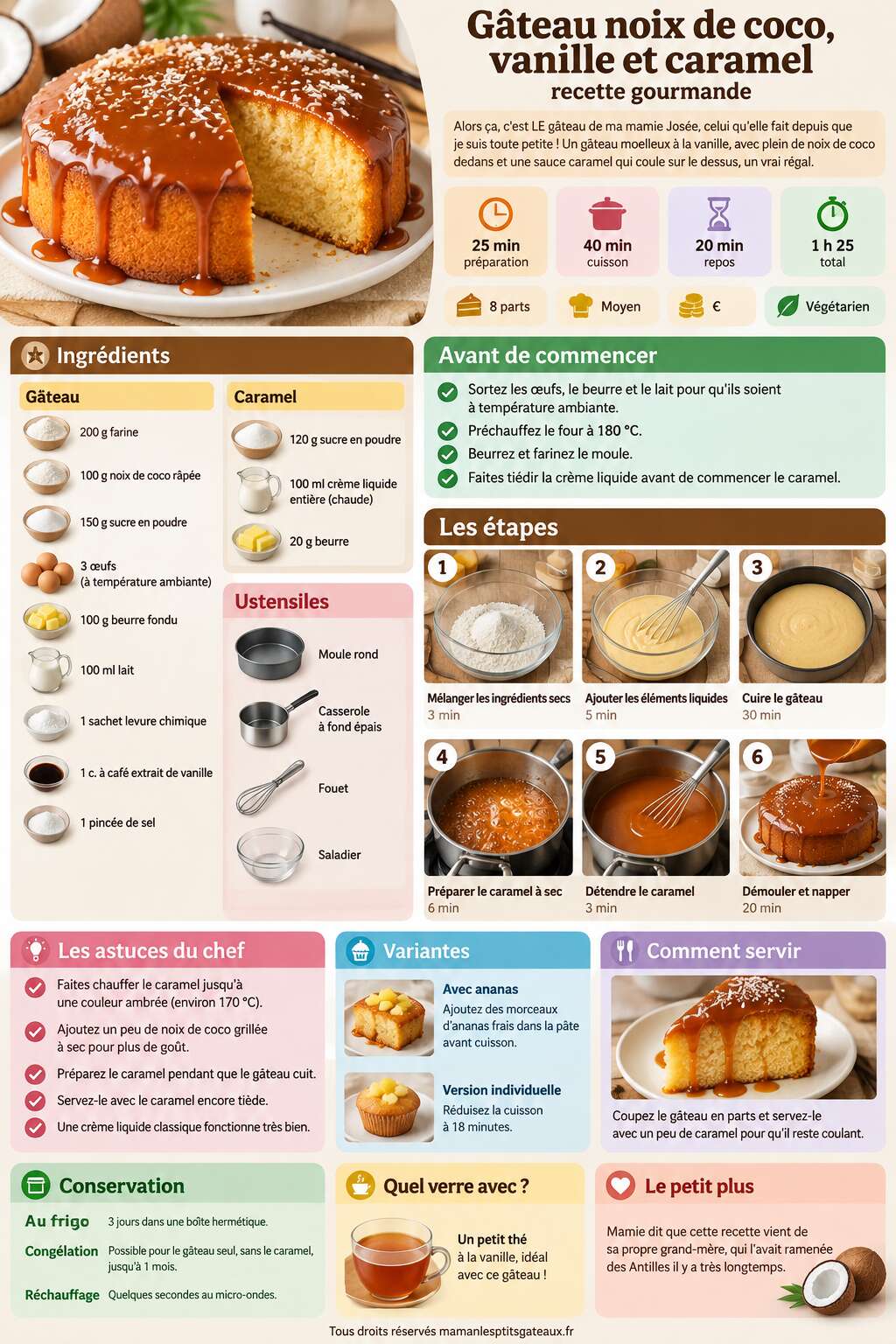 Fiche recette Gâteau noix de coco, vanille et caramel : recette gourmande Fiche recette Gâteau noix de coco, vanille et caramel : recette gourmande