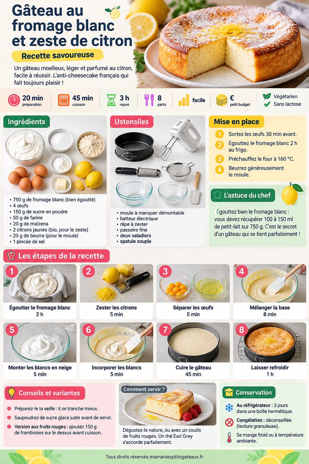 Fiche recette G&acirc;teau au fromage blanc et zeste de citron : recette savoureuse
