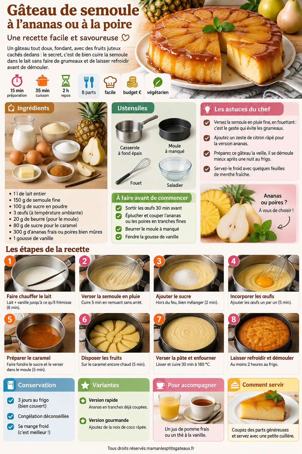 Fiche recette Gâteau de semoule à l'ananas ou à la poire : recette facile et savoureuse Fiche recette Gâteau de semoule à l'ananas ou à la poire : recette facile et savoureuse