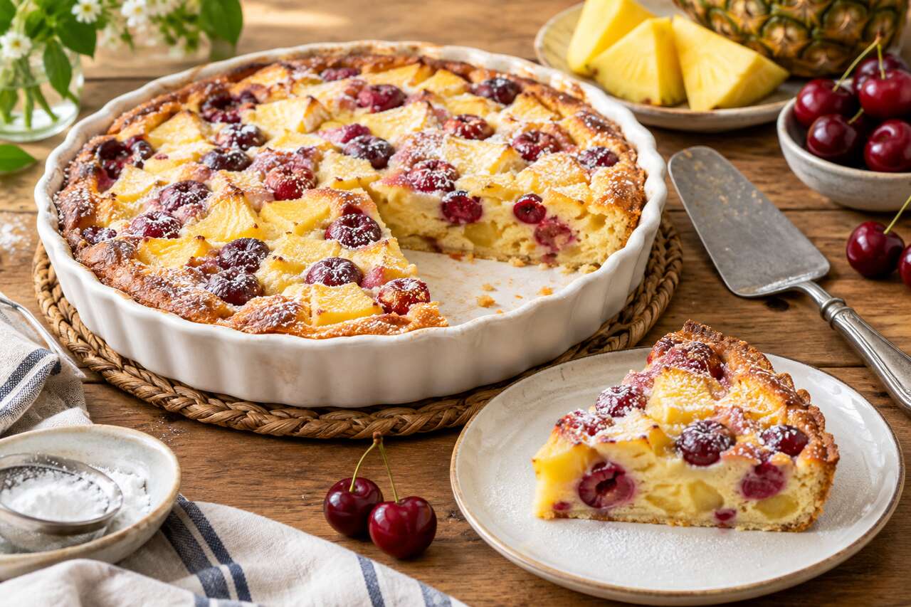 Recette de clafoutis à l'ananas, cerises et jus de raisins