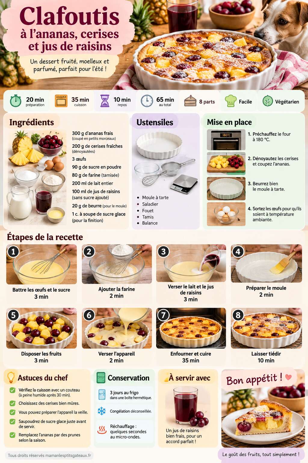 Fiche recette Recette de clafoutis &agrave; l'ananas, cerises et jus de raisins
