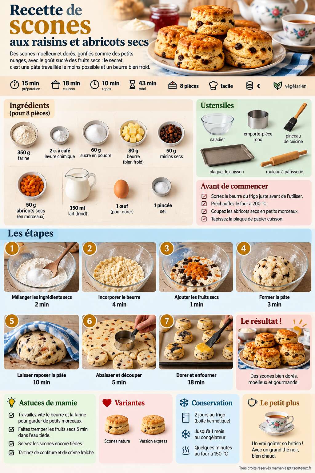 Fiche recette Recette de scones aux raisins et abricots secs Fiche recette Recette de scones aux raisins et abricots secs
